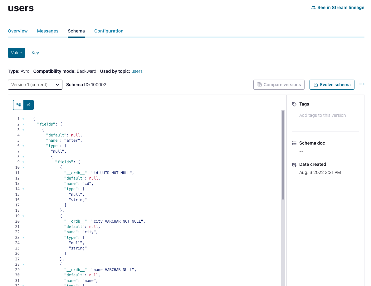 Users vale schema in the Confluent Cloud console.